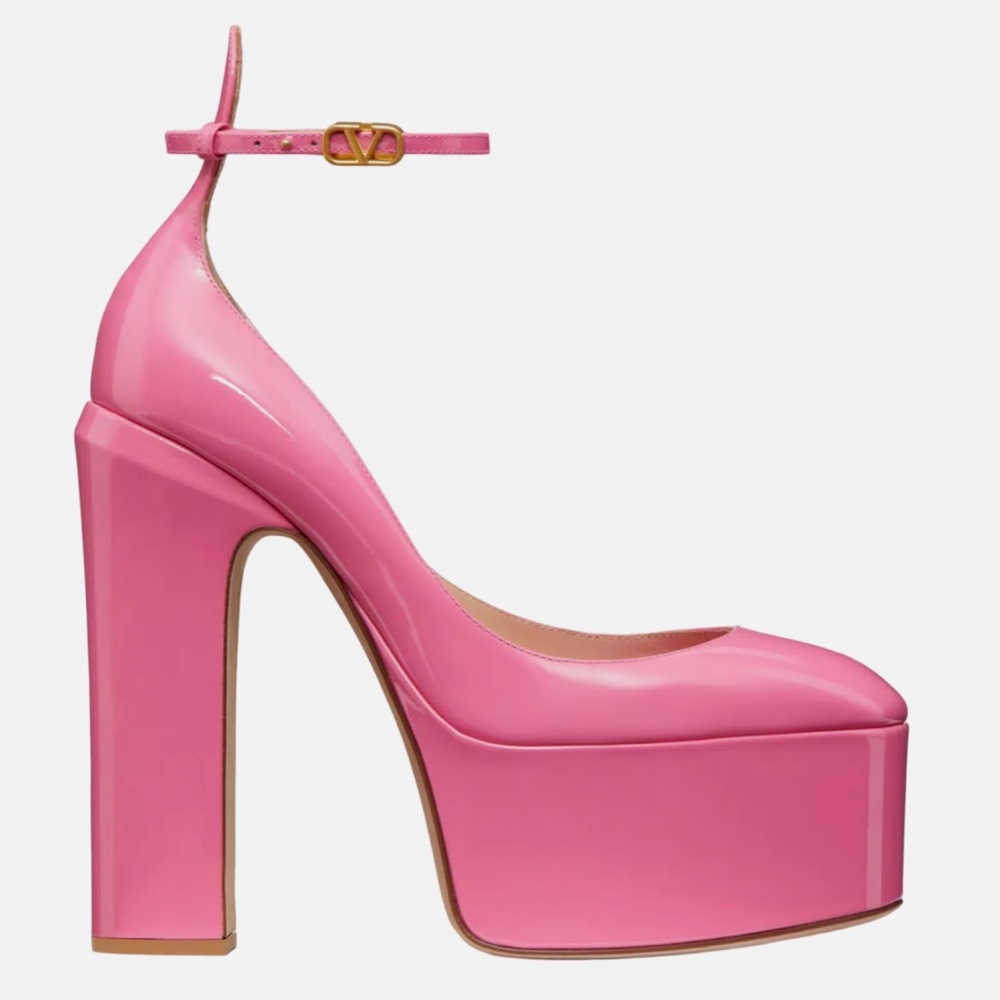 Valentino Rockstud Tan-go Pink Patent Leather Ankle Strap Platform Heel Barbie